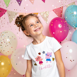 かわいい猫ピンクの子供の誕生日名 Tシャツ