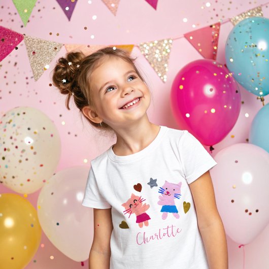 かわいい猫ピンクの子供の誕生日名 Tシャツ