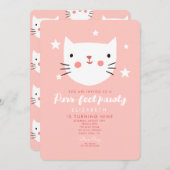 かわいい猫ピンクの誕生日パーティー 招待状 (正面/裏面)