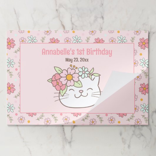 かわいい猫ピンクフローラ名涙ぐれ紙ランチョンマット ペーパーパッド (折り畳み)