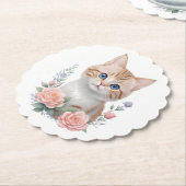 かわいい猫ピンクフローラ ペーパーコースター (アングル)