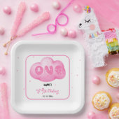 かわいい猫フォント 水彩 ピンクの雲 1歳の誕生日 ペーパープレート (パーティー)