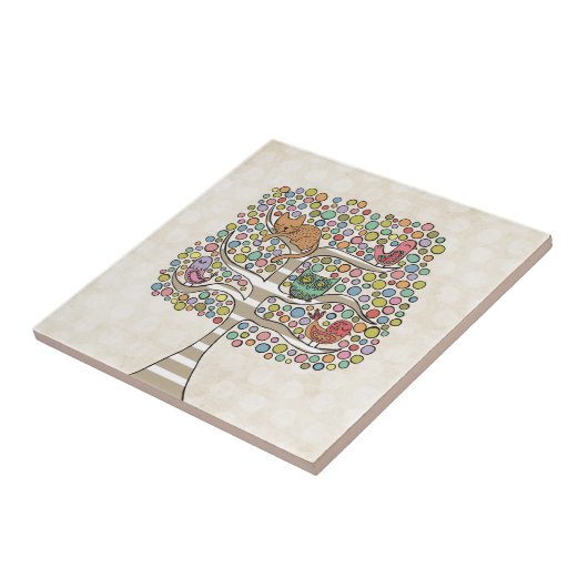 かわいい猫フクロウ&鳥たちが木のイラストレーション タイル (側面)