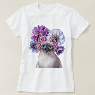 かわいい猫フラワークラウンウォーターイラストレーション Tシャツ