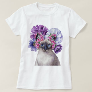 かわいい猫フラワークラウンウォーターイラストレーション Tシャツ