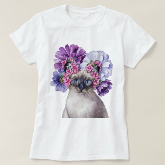 かわいい猫フラワークラウンウォーターイラストレーション Tシャツ (デザイン正面)