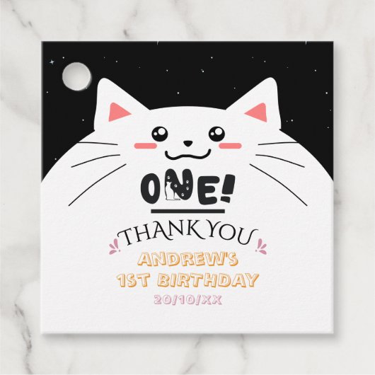 かわいい猫フレームスパークリングスターズ1歳の誕生日 フェイバータグ (正面)