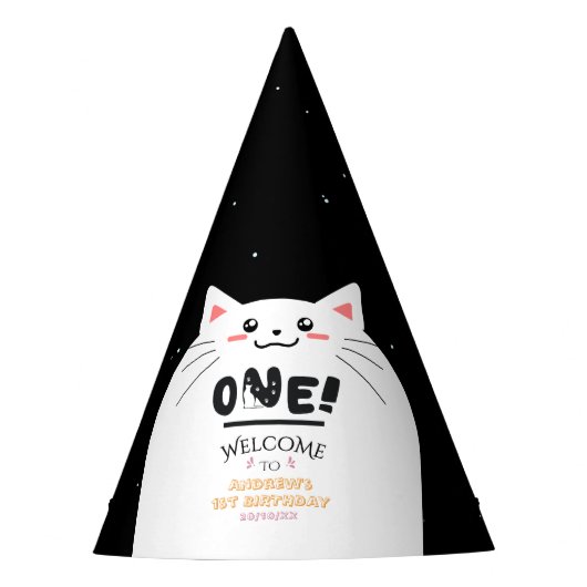 かわいい猫フレーム輝く星 初めての誕生日 パーティーハット (正面)