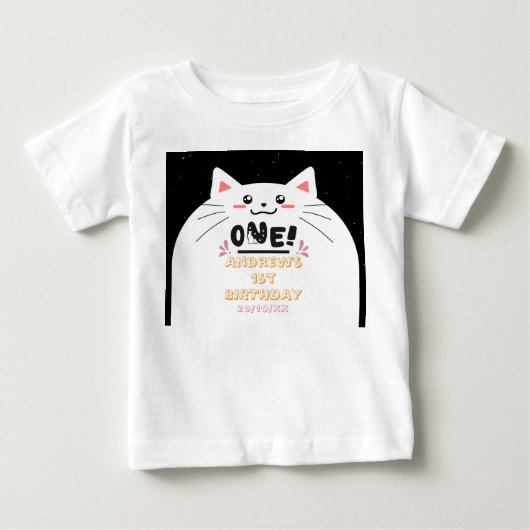 かわいい猫フレーム輝く星 初めての誕生日 ベビーTシャツ (正面)