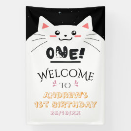 かわいい猫フレーム輝く星 1歳の誕生日ウェルカム 横断幕