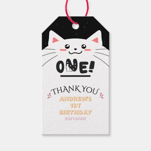 かわいい猫フレーム スパーキングスターズ 1歳の誕生日 ギフトタグ (正面)