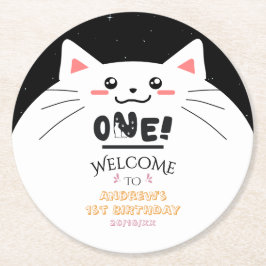 かわいい猫フレーム スパーキングスターズ 1歳の誕生日 ラウンドペーパーコースター
