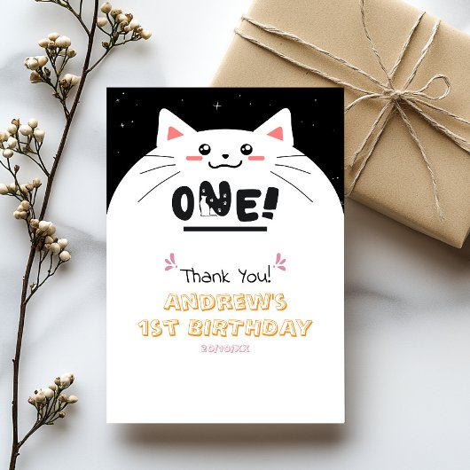 かわいい猫フレーム スパークリングスターズ 1歳の誕生日 サンキューカード