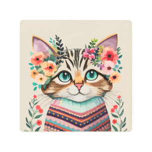 かわいい猫フローラの水彩色 メタルプリント