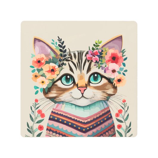 かわいい猫フローラの水彩色 メタルプリント (正面)
