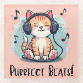 かわいい猫ヘッドフォンかわいいミュージックラバーアート ガラスコースター (正面)