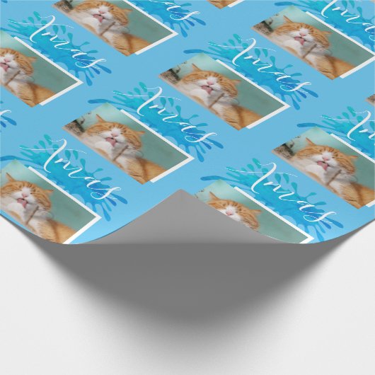 かわいい猫ペットタイポグラフィクリスマスフォト ラッピングペーパー (角)