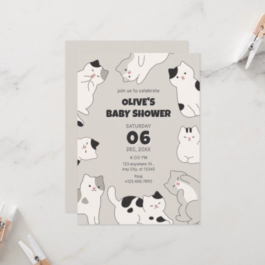 かわいい猫ペットベイビーシャワー 招待状 (正面/裏面インサイチュ)