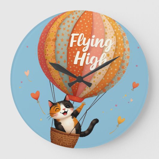 かわいい猫ホットエアバルーンお洒落アート ラージ壁時計 (正面)