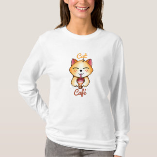 かわいい猫ボバミルクティー飲む Tシャツ