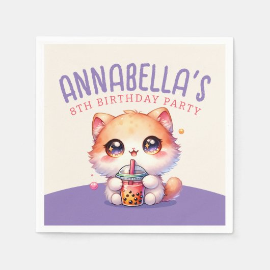 かわいい猫ボバ誕生日パーティー スタンダードカクテルナプキン (正面)