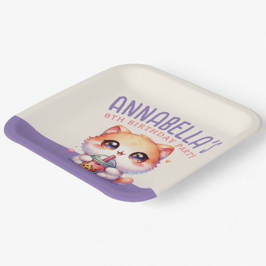 かわいい猫ボバ誕生日パーティー ペーパープレート (傾斜あり)