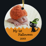 かわいい猫マイハロウィーンオーナメント セラミックオーナメント<br><div class="desc">このオーナメントはベビー初のハロウィーンの理想的な記念品だ。魔女の帽子をかぶった可愛い猫キャラクターが特徴。写真のベビーを追加して可憐さを追加する。年の節目も兼ねている。</div>