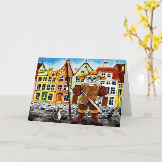 かわいい猫マウスエストニアの民俗グリーティングカード カード (黄色い花)