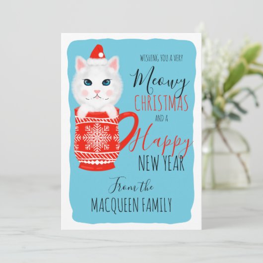 かわいい猫マグカップめぐりクリスマスおめでとう シーズンカード (スタンド正面)