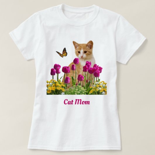 かわいい猫ママ/オレンジタブビーキャットホワイト Tシャツ (デザイン正面)