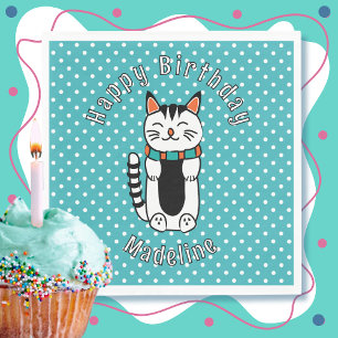 かわいい猫マンガターコイズホワイトドット誕生日 スタンダードランチョンナプキン