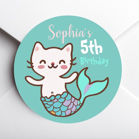 かわいい猫マーメイド 女子の誕生日 ラウンドシール