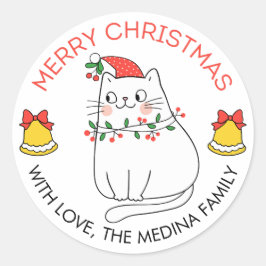 かわいい猫メリークリスマスステッカー猫とライト ラウンドシール