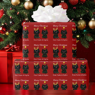 かわいい猫メリークリスマスライト赤パーソナライズされた色 ラッピングペーパー