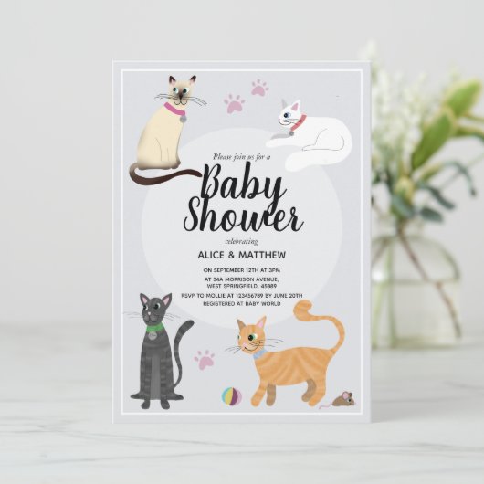 かわいい猫モダンマンガ赤ちゃんシャワー 招待状 (スタンド正面)