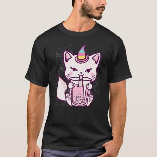 かわいい猫ユニコーンお茶を飲む Tシャツ (正面)