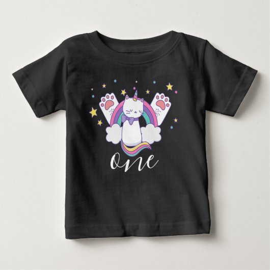 かわいい猫ユニコーンの1歳の誕生日、ユニコーン猫の誕生日 ベビーTシャツ (正面)