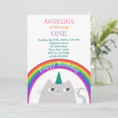 かわいい猫ユニコーン女の子1歳の誕生日 招待状 (スタンド正面)