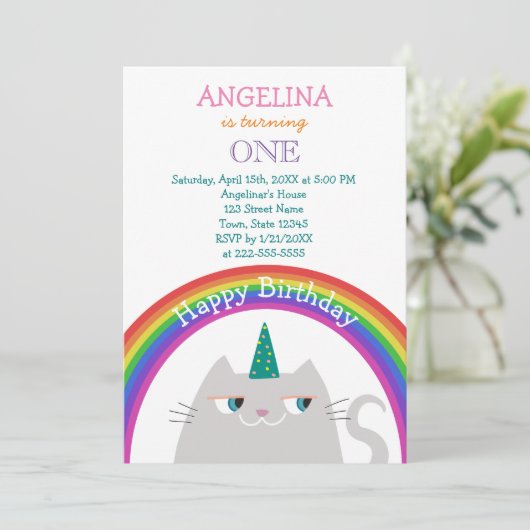 かわいい猫ユニコーン女の子1歳の誕生日 招待状 (スタンド正面)