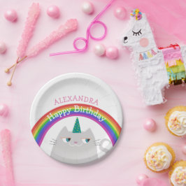 かわいい猫ユニコーン虹の誕生日 ペーパープレート