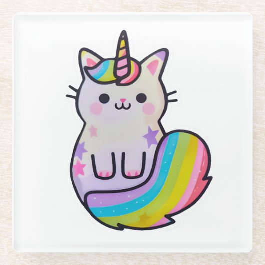 かわいい猫ユニコーン虹 ガラスコースター (正面)