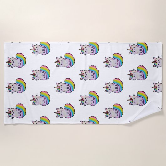 かわいい猫ユニコーン虹 ビーチタオル (正面)