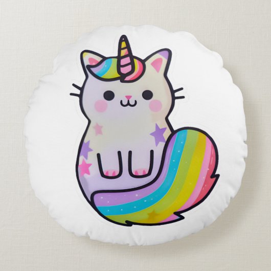かわいい猫ユニコーン虹 ラウンドクッション (正面)