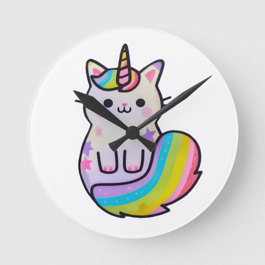 かわいい猫ユニコーン虹 ラウンド壁時計 (正面)