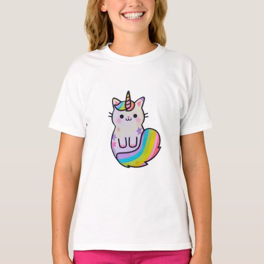 かわいい猫ユニコーン虹 Tシャツ (正面)