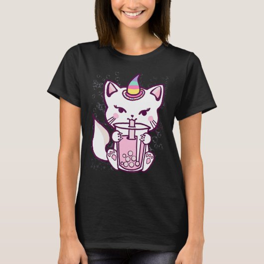 かわいい猫ユニコーン飲むバブルティーデザイン Tシャツ (正面)