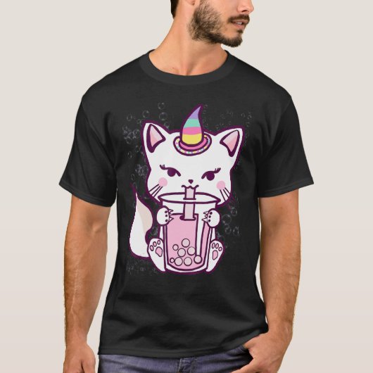 かわいい猫ユニコーン飲むバブルティーデザイン Tシャツ (正面)