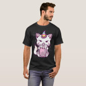 かわいい猫ユニコーン飲むバブルティーデザイン Tシャツ (正面フル)