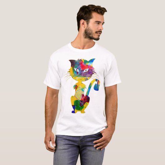かわいい猫ライトブルーの目カラフル虹の絵 Tシャツ (正面フル)