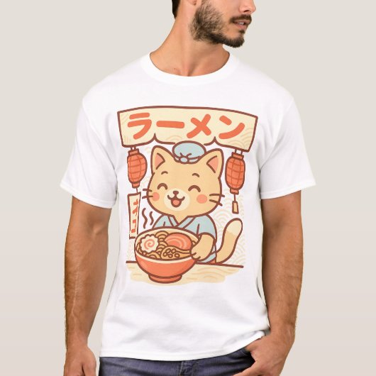 かわいい猫ラーメン屋Tシャツ | かわいい日本のノード Tシャツ (正面)